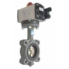 This ductile iron butterfly valve is pneumatically actuated with an air-to-spring mechanism for fail-safe operation. Designed for general service in water media, it provides on/off or modulating control in industrial piping systems. Pilot solenoid voltage is not included.