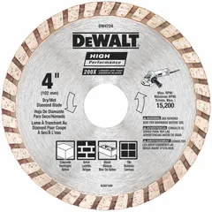 This 4-inch diameter diamond blade features a turbo rim design for fast, dry cutting of masonry materials such as brick, block, and concrete. It fits saws with 5/8-inch or 7/8-inch arbor and is suitable for use on masonry saws in construction and renovation applications.