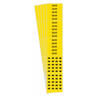BRADY Pipe Marker: Sulfur, Yellow, Black, Fits 3/4 in and Smaller Pipe O.D., 3 Pipe Markers - Sulfur Adhesive Pipe Markers