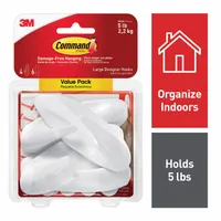 White adhesive-backed utility hook with a 4 in base height and 4 1/8 in overall height. Single-point design for hanging lightweight items on smooth surfaces. Suitable for organizing tools, cables, or small parts in workshops or offices