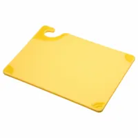 This yellow co-polymer cutting board measures 9 inches wide by 12 inches long. NSF Certified for food-contact surfaces, it is suitable for commercial food preparation tasks such as chopping, slicing, and dicing. The material resists knife scarring and is easy to clean, supporting sanitation in high-volume kitchen environments