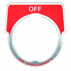 Half-round legend plate for 30 mm panel-mounted push buttons. Overall height 1 3/4 in, overall width 1 5/8 in. Aluminum construction with metallic silver finish. Features red 'Off' legend in English and a notch for alignment. Used in industrial control panels and machinery for clear operator identification.