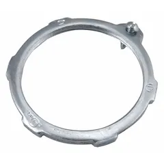 Steel, zinc-plated grounding locknut for 3-inch trade size threaded rigid metal conduit (RMC) and intermediate metal conduit (IMC). Provides a secure grounding connection in conduit systems. Suitable for industrial and commercial electrical installations requiring proper bonding and grounding.