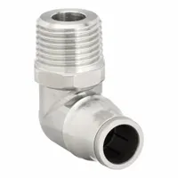 This LEGRIS tube fitting is a stainless steel push-to-connect elbow with a BSPT male thread. It accommodates 4 mm OD tubing and has a 1/4" thread size. The silver finish resists corrosion. Typical applications include pneumatic systems and fluid handling where quick, secure connections are needed