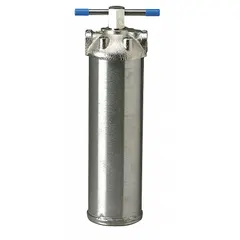 This 304 stainless steel water filter cartridge housing features a 3/4 in NPT connection, 12 7/8 in overall height, and 4 1/8 in overall diameter. The silver-finished housing is suited for sediment and particulate filtration in point-of-entry or point-of-use water systems.