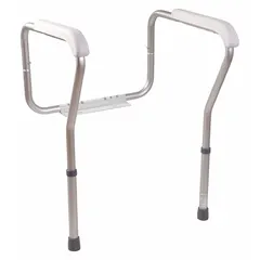 This freestanding grab bar is constructed of textured aluminum for a secure grip. It measures 8 inches in length with a 1-inch diameter and supports up to 250 lb. The angled design provides stable assistance for sitting, standing, or balance in bathrooms, bedrooms, or other areas where support is needed.