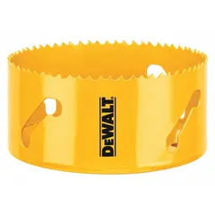 Bi-metal hole saw for cutting wood, metal, and plastic. 4-1/4 in diameter, 4/5 teeth per inch, 1-3/4 in maximum cutting depth. Requires separate arbor (5/8-18 thread). Suitable for construction and general trade applications.