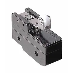 Snap-action switch with hinge roller lever actuator, 1NO/1NC contact configuration, rated 20 A at 480 V AC. Solder electrical connection. Used for position sensing and limit control in industrial automation, packaging machinery, and conveyor systems.