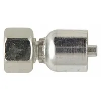 Steel straight crimp hose fitting with female x genderless configuration. Features metric x crimp connection type and M22-1.5 thread size for -6 hose dash size. Used in hydraulic systems to connect hoses to metric ports