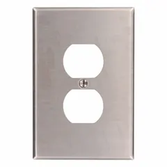 General-purpose wall plate for a duplex outlet. 1-gang jumbo size. Constructed of stainless steel with a silver finish. Suitable for covering standard duplex receptacles in residential, commercial, and industrial settings.