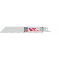 General purpose reciprocating saw blade with 8/12 variable teeth per inch and tapered blade geometry for rigid straight cuts. Suitable for cutting wood, metal, and plastic in demolition, construction, and maintenance applications. Blade length 6 in, thickness 0.05 in. Sold in a 50-pack.