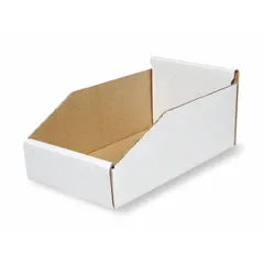 This light-use cardboard shelf bin measures 16 1/4 inches by 4 3/4 inches and is white. It contains 30-45% recycled content and is not electrostatic discharge conductive. Dividers are not included. Suitable for organizing small parts, office supplies, or lightweight components on shelves or workbenches.