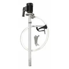 This Dayton centrifugal electric drum pump is designed for transferring fluids from 55-gallon drums. It features a 1 1/10 hp motor operating on 120 V AC, delivering a flow rate of 15 gpm. The pump includes a hose and nozzle, and the suction tube is constructed from stainless steel. Typical applications include moving non-corrosive liquids in industrial and manufacturing settings.