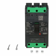 Molded case circuit breaker rated 70 A with a maximum AIR rating of 100kA at 240V AC. Features fixed instantaneous trip, Everlink Lug connections on both ends, and ABC phase connection. Suitable for overcurrent protection in industrial power distribution panels, motor control centers, and switchboards.