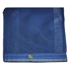 Standard duty mesh tarp measuring 19.5 ft by 19.5 ft. Constructed of 5 mil blue vinyl with PVC coating, weighing 10 oz/sq yd. Suitable for covering equipment, materials, or loads in industrial and construction settings to provide protection against weather and debris.