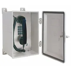 Surface-mount rugged telephone with keypad for hazardous areas. Water-resistant construction with Hytrel handset cord. Supports PSTN connectivity and is TMA Software Compatible. Suitable for outdoor commercial environments requiring reliable voice communication.