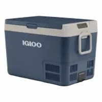 This standard chest cooler has a 62 qt capacity, holding up to 89 cans. It operates on 12/24V DC input voltage for use with vehicle electrical systems. Dimensions are 28 3/8 in x 17 3/8 in x 18 1/2 in. Drain plug and wheels are not included