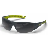 Frameless safety glasses with padded comfort fit. Dark gray photochromic lens adjusts tint to changing light. Anti-fog and scratch-resistant TruShield® coating. Charcoal/high-visibility yellow frame. Suitable for industrial environments with variable lighting, such as machining, assembly, and maintenance