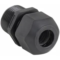 Straight nylon cable grip with 1 in male NPT thread for box connection. Accepts cord diameters from 0.59 in to 1.00 in. Rated IP66 for protection against dust and water jets. Overall length 2 7/16 in. Not rated for hazardous locations.