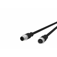 Double-ended cordset with black PUR jacket designed for twisting applications in industrial environments. Features M12 straight male to M12 straight female connectors, 8 pins, 5 m cable length, IPX8 rating, and wire sizes 22 AWG/32 AWG. Suitable for connecting sensors or actuators to control systems.
