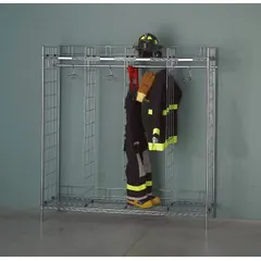 Freestanding turnout gear rack with 24 compartments on 2 sides. Constructed from zinc chromate with a chrome finish. Designed for organized storage and ventilation of turnout gear in fire stations, training centers, and emergency response facilities.