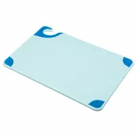 This SAN JAMAR Saf-T-Grip cutting board is made of co-polymer material in blue, measuring 18 inches in length and 12 inches in width. NSF Certified, it is suitable for food preparation in commercial kitchens and food service environments where sanitation and color-coded cutting boards are used to help prevent cross-contamination