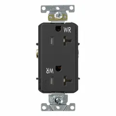 General purpose duplex receptacle rated 125V AC, 20 A, 2 Pole / 3 Wire with NEMA 5-20 configuration. Black finish. Suitable for branch circuit wiring in commercial and industrial environments to supply power to 20-amp equipment.