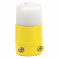 General-purpose straight blade connector rated 125V AC, 15 A, 2-pole, 3-wire. Used for terminating portable cords on power tools, appliances, and extension cords in residential, commercial, and light industrial settings. White/yellow housing provides high visibility.