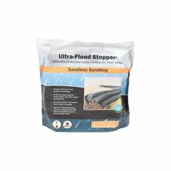 This water-activated flood barrier is pre-filled with polymer that expands on contact with fresh water. The black polypropylene bag measures 1/4 inch in height and 8 inches in width. It is used to block doorways, vents, and low-lying areas during flooding.