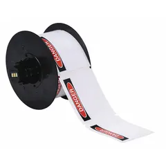 Precut label roll with DANGER header, supplied in two sizes: 4 in x 6 1/4 in and 4 in x 4 in. Made of white polyester with acrylic adhesive. Compatible with Brady i5300 printer series for on-demand industrial safety labeling.