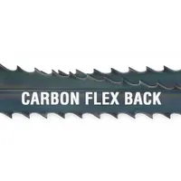 Carbon steel band saw blade with flex-back design for curved cuts. Measures 5 ft 8 in length, suitable for cutting wood, plywood, aluminum, plastic, and soft metal. Accommodates material thicknesses from 3/8 in to 5/8 in