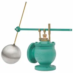 This KECKLEY float valve assembly is designed for automatic water level control in tanks or reservoirs. It features an iron angle valve body for vertical piping, an adjustable arm, and includes a float and rod with 3/8"-16 thread. The assembly delivers a flow rate of 95 gpm at 50 psi and is part of Valve Series 77.