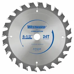 This 6-1/2 inch diameter circular saw blade features 24 teeth and a 0.07 inch cut width with a 5/8 inch arbor. Designed as a combo blade, it is suited for general-purpose ripping and crosscutting in lumber, plywood, and composite wood boards.