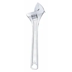 General purpose adjustable wrench with a chrome finish. Overall length of 10 inches and jaw capacity of 1 9/32 inches. Used for tightening or loosening nuts, bolts, and fittings in plumbing, automotive, and industrial maintenance applications.