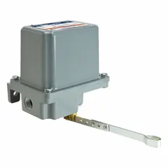 Lever-operated float switch for liquid level detection in open tanks. Features vertical mounting, aluminum body, screw clamp electrical connection, and Close On Rise switching action. Weather-resistant construction suitable for outdoor or industrial environments.