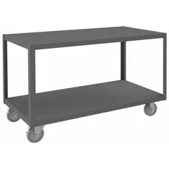 This steel-top mobile worktable features a 48 in x 24 in powder-coated top and a welded-only powder-coated frame. It is fully assembled with fixed height and phenolic casters with plate mounts for mobility. The overall load capacity is 1,200 lb. Suitable for industrial workshops, assembly lines, and maintenance areas.