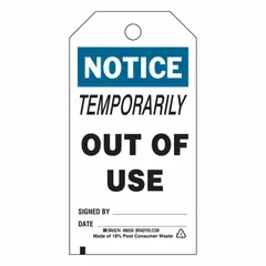 Rectangular polyester tag with black, blue, and white design. Measures 3 inches wide by 5 3/4 inches high. Suitable for indoor and outdoor use. Supplied in a pack of 10. Commonly used to communicate safety notices or warnings in industrial environments.