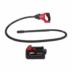 Cordless concrete vibrator for consolidating freshly poured concrete. Operates on 18V DC with a 5.0 Ah battery. Features an 8 ft length, 1 in diameter, and 4 in radius. Includes one battery.