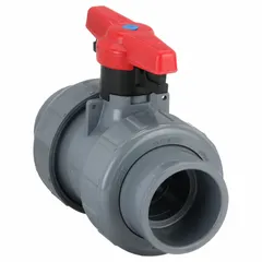 Two-way CPVC ball valve with straight body, socket x FNPT connections, and locking tee handle. Rated for 235 psi CWP. Suitable for fluid flow control in industrial piping systems requiring corrosion resistance.