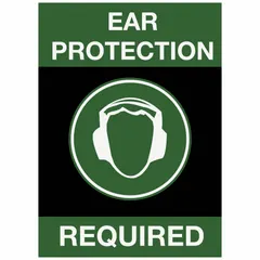 Indoor safety message mat measuring 3 ft x 5 ft with a 3/8 in thickness. Constructed of nylon and vinyl in black. Used to designate areas where ear protection is required, promoting safety compliance in industrial environments.
