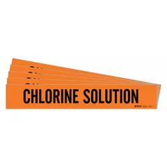 Orange adhesive pipe marker with black legend reading 'Chlorine Solution'. Fits pipe outer diameters from 2-1/2 to 7-7/8 inches. Pack of 5 markers without directional arrows. Used to identify piping carrying chlorine solution in industrial facilities.