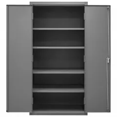 Welded steel cabinet with powder-coated gray finish. Stationary frame with swing handle and keyed lock. Includes four adjustable shelves. Suitable for secure storage of tools, parts, and equipment in industrial environments.