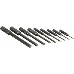This 9-piece roll pin punch set includes pilot punches with tip diameters of 1/4 in, 1/8 in, 1/16 in, 3/16 in, 3/32 in, 5/16 in, 5/32 in, and 5/64 in, plus a 3/16 in x 4-1/2 in punch. Made of steel and meeting ASME standards, the set is used for removing roll pins in industrial maintenance and assembly applications.