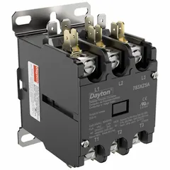 Three-pole, non-reversing definite purpose contactor with a 24V AC coil and 40 A rating. Features 3NO main pole contact form, 600V AC maximum voltage rating, and box lug terminal connections. Designed for through-panel mounting in HVACR applications such as switching three-phase motors and compressors.