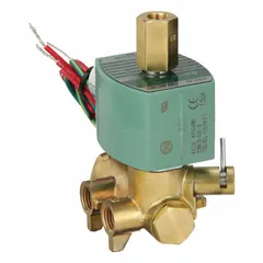 This 4-way/2-position solenoid valve from REDHAT features a 1/4 in pipe size and operates on 110V AC. The watertight coil enclosure is supplied without a junction box, suitable for applications requiring control of air or compatible fluids in pneumatic systems and process control.