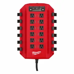Portable power distribution unit with 12 NEMA 5-15 outlets and 15 A input. Integrates with Packout modular storage for stacking and transport. Includes built-in circuit breaker for overload protection. Suitable for powering multiple tools and chargers on job sites.