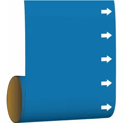 Blue adhesive pipe markers with white legend area, designed for pipes with outside diameter of 2-1/2 to 6 inches. Each pack contains 30 markers that include directional arrows for indicating flow direction. Suitable for custom labeling of pipe contents in industrial piping systems.