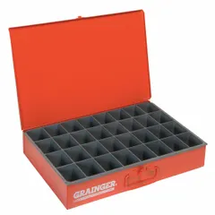 This large compartmented box from DURHAM MFG features 32 fixed compartments, each measuring 3 in x 2-1/8 in x 2-7/8 in. The overall dimensions are 18 3/8 in x 12 1/2 in x 3 1/8 in, and the unit is finished in red. It is designed for organizing small parts, fasteners, or components in industrial storage applications.