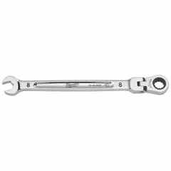 This 8 mm metric 12-point ratcheting combination wrench features a flex head for improved access in confined spaces. Constructed with a chrome finish, it measures 146 mm overall length. Suitable for tightening and loosening fasteners in mechanical and maintenance tasks.