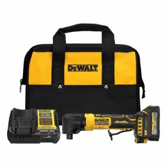 This cordless die grinder features a brushless motor for efficient power delivery and a right-angle barrel grip for control in confined spaces. It operates on a 20V DC battery system with 1.7 Ah capacity and has a paddle switch. Suitable for grinding, smoothing, and finishing metal surfaces in fabrication, welding, and maintenance tasks.